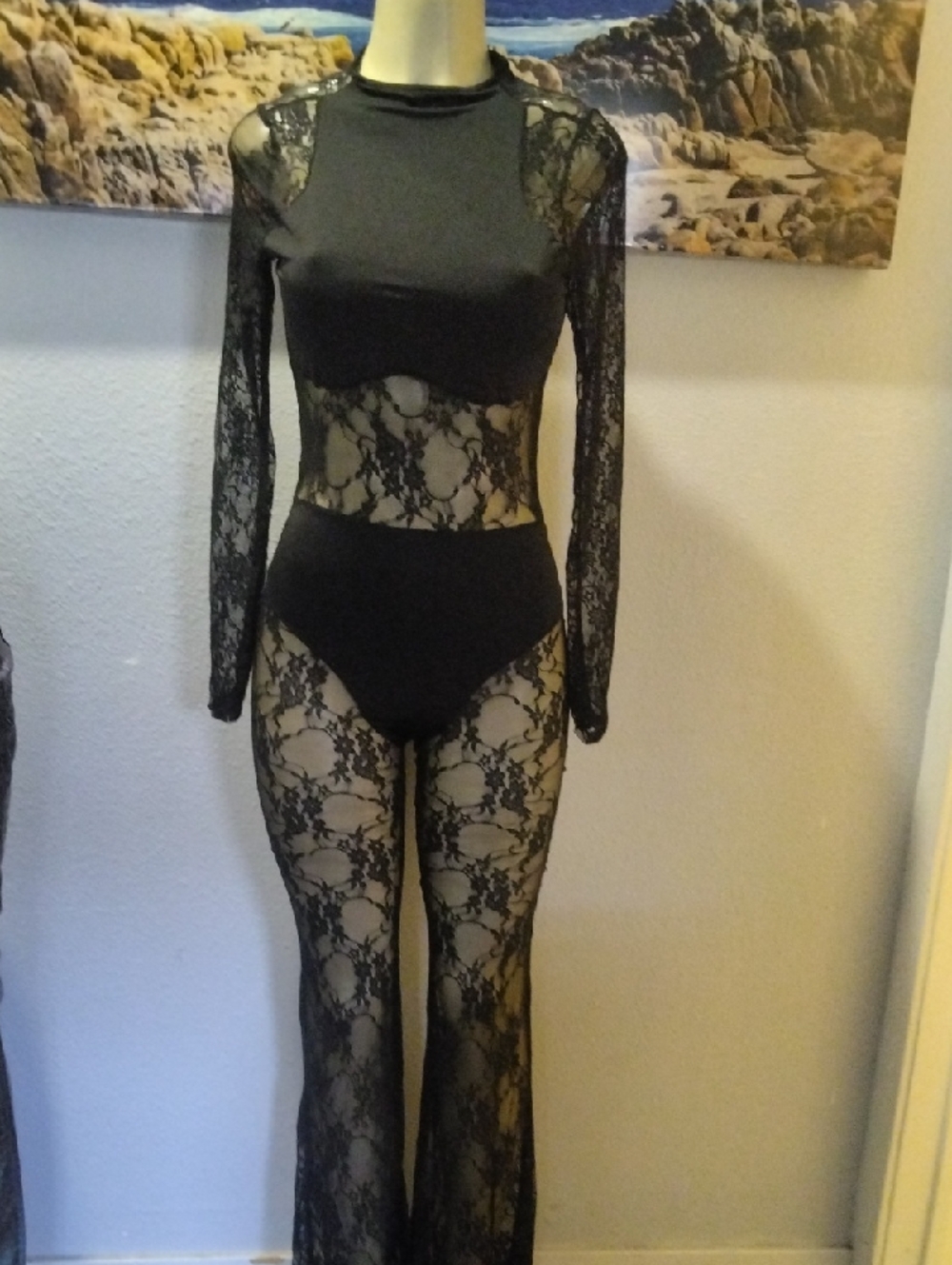Black Lace Long-Sleeve Sheer Jumpsuit Romper